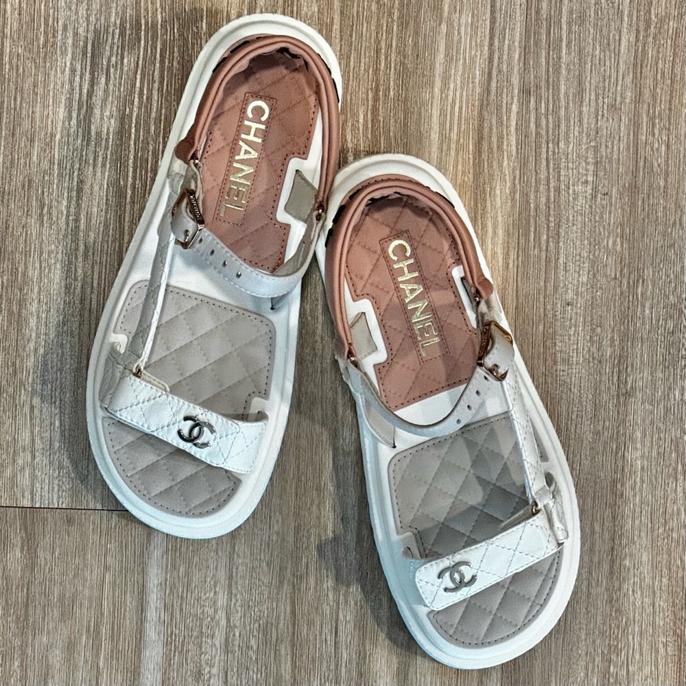 CHANEL Beige, Ivory and White Quilted Sandals